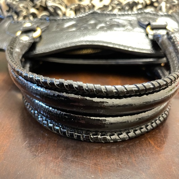 Isabella Fiore Tapestry Style Pattern Fabric & Black Patent Leather hand bag. - Picture 8 of 9